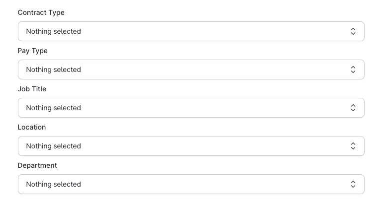 Trigger configuration fields: Contract Type, Pay Type, Job Title, Location, Department
