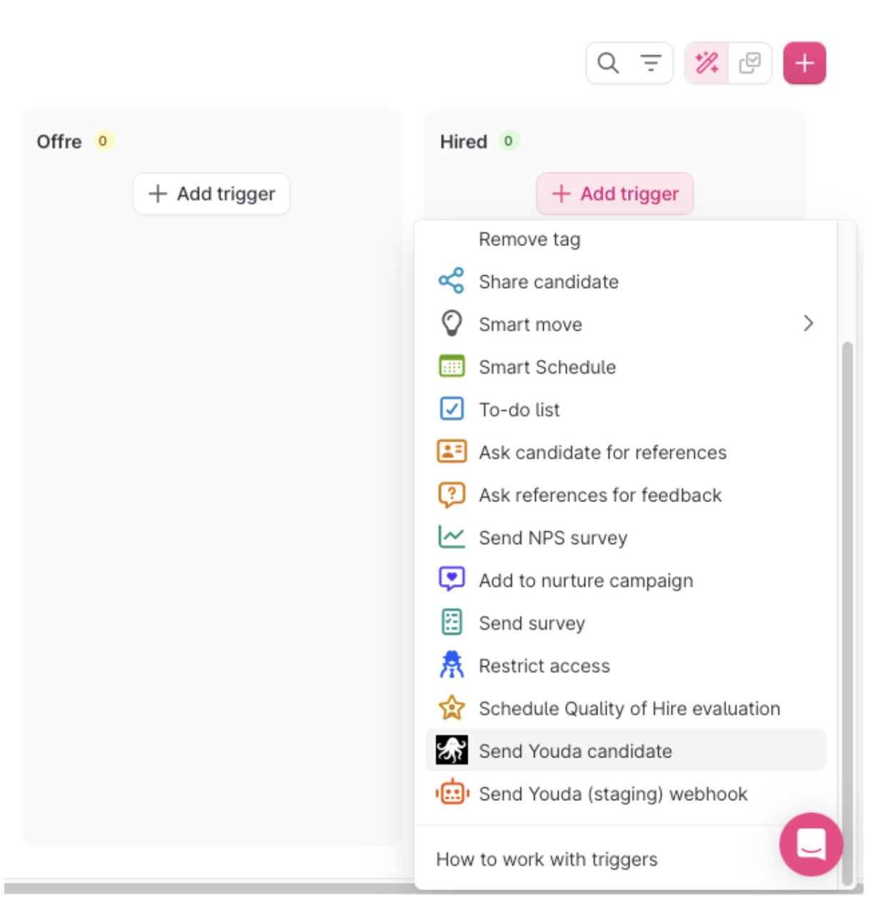 Teamtailor trigger dropdown showing Send Youda candidate option